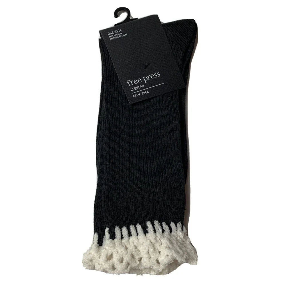 NWT Free Press Legwear Crew Socks Black W/Hand Knit White Chenille Boot Top